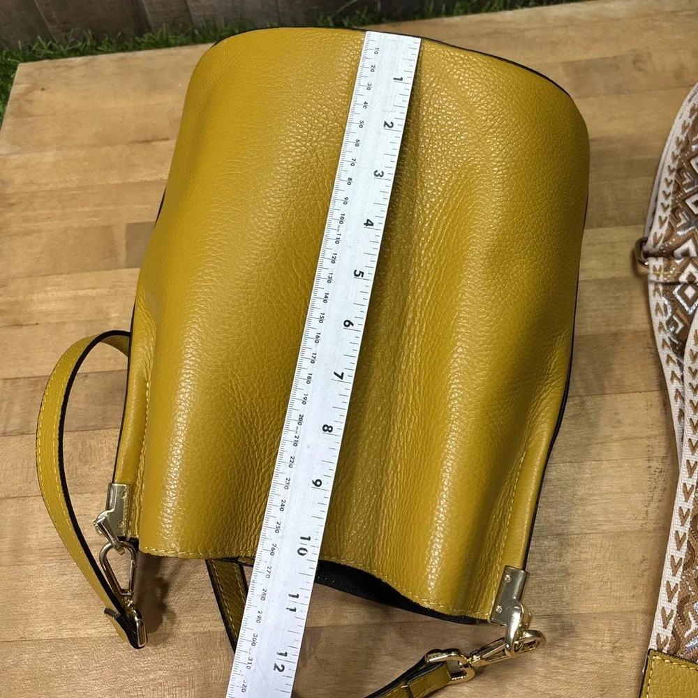 Made in Italy Mustard Yellow Genuine Leather Bucket Shoulder Bag Boho Retro